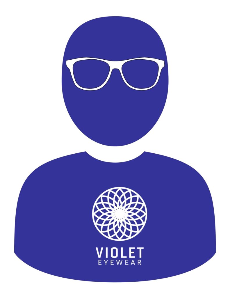 Violet eyewear Vision ambassador in glasses and logo shirt